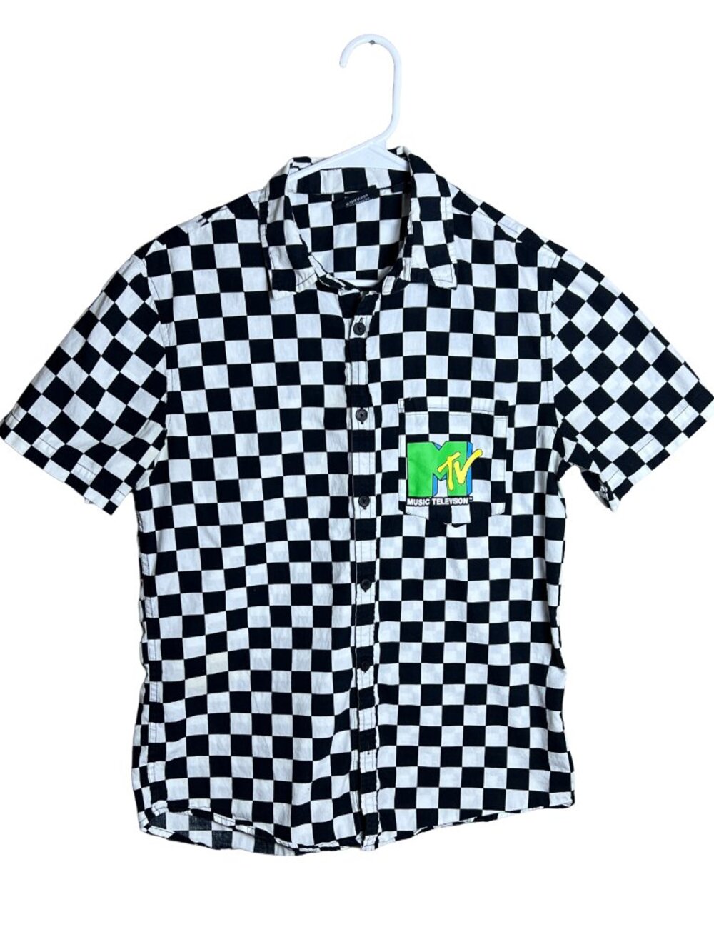 MTV Checkerboard Short Sleeve Button Up Shirt Medium